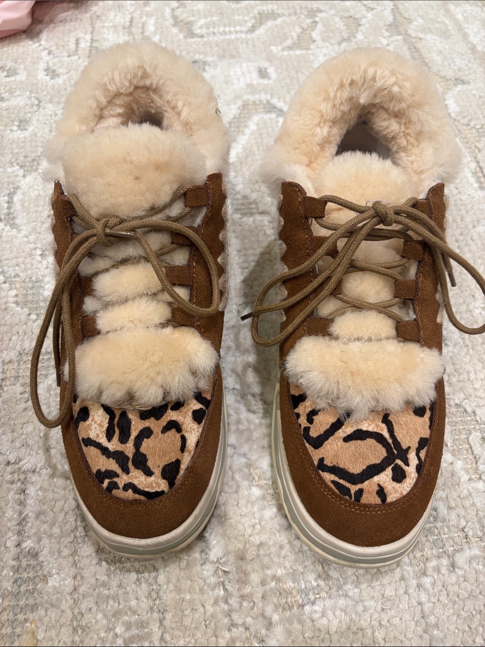 Mou Brown Suede Shearling Sneakers with Leopard Print